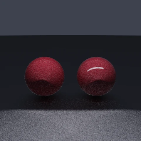 The same pigment twice under a strip light, bare on the left and under a clear lacquer on the right, which adds a second sharp highlight.