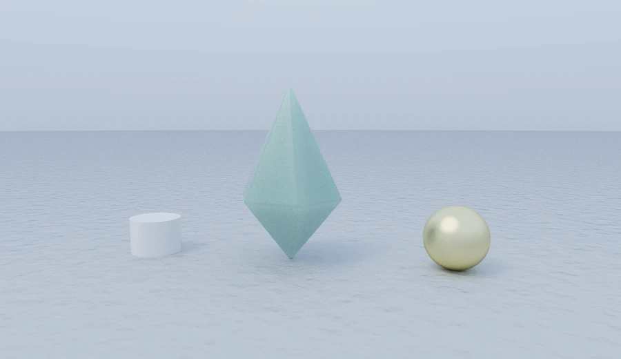 A jade crystal with twelve flat facets, worked out as corners in a loop, standing between a brass sphere and a marble cylinder.