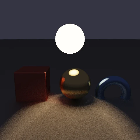 A dark room lit only by a glowing sphere sitting inside it, everything else picking up its colour by bounce alone.
