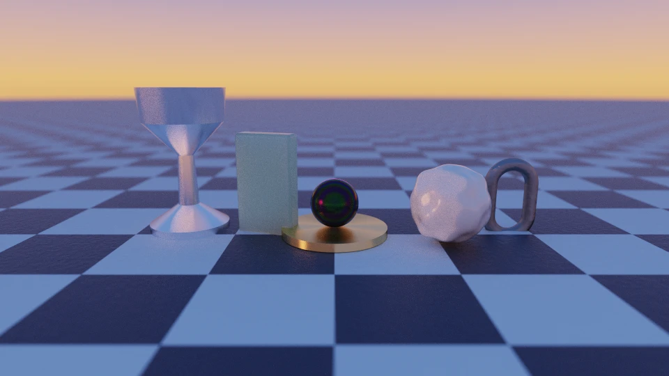 A wide finale: patterned ceramic, a bumped floor, turned vessels, brushed metal and glass under a sunset.