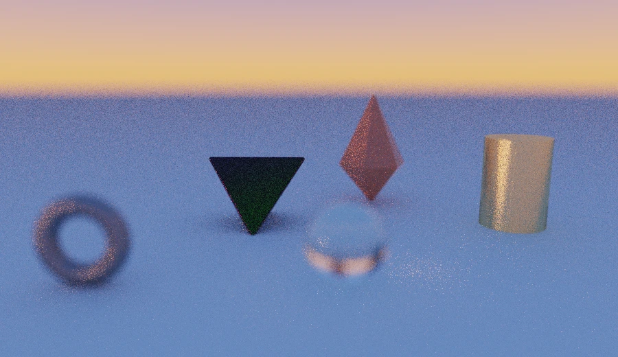 A wide finale at 50mm and f/2: a faceted terracotta crystal and a dark tetrahedron in focus, an iron ring and a glass sphere blurred in the foreground, under a sunset.