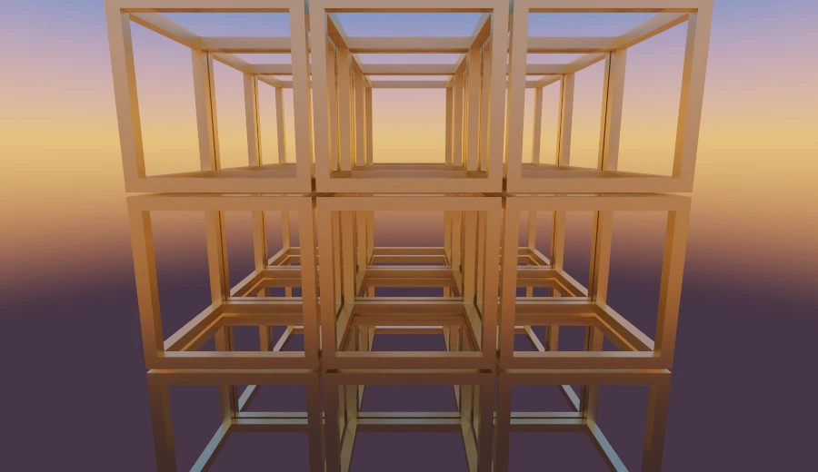 A grid of edge-only cubes tiled across two axes, receding towards a sunset horizon.
