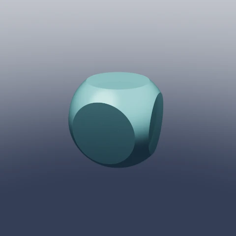 A teal cube with its corners and edges shaved away by a slightly larger sphere, leaving a pillowed block.