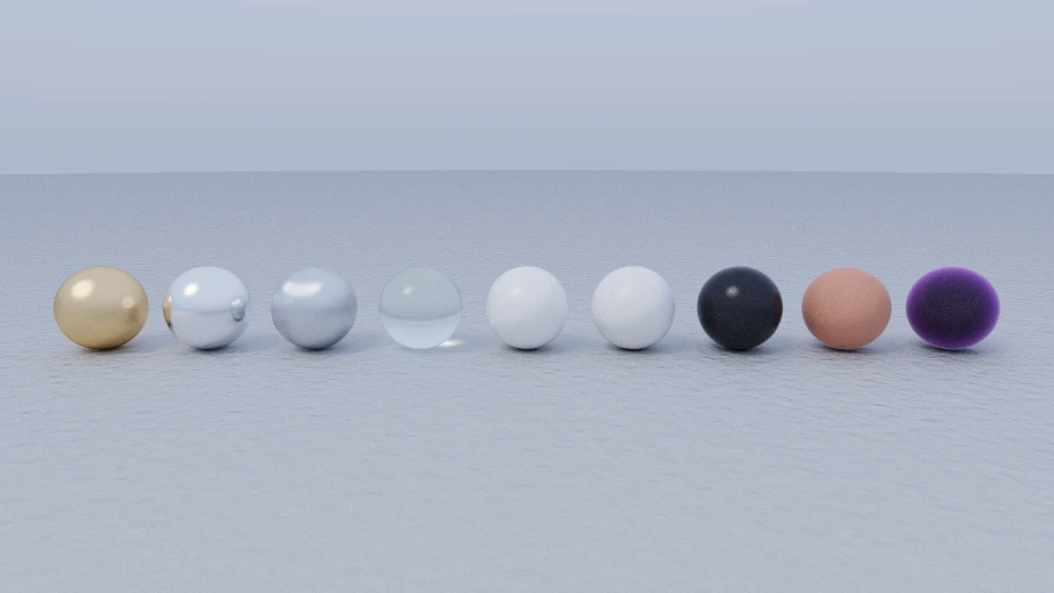Nine spheres on a concrete floor, one for each preset: gold, chrome, steel, glass, porcelain, marble, obsidian, terracotta and velvet.