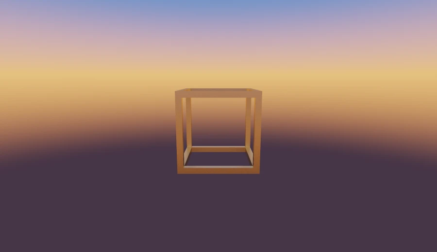 A brass cube reduced to its twelve edges, built by subtracting three overlapping boxes.