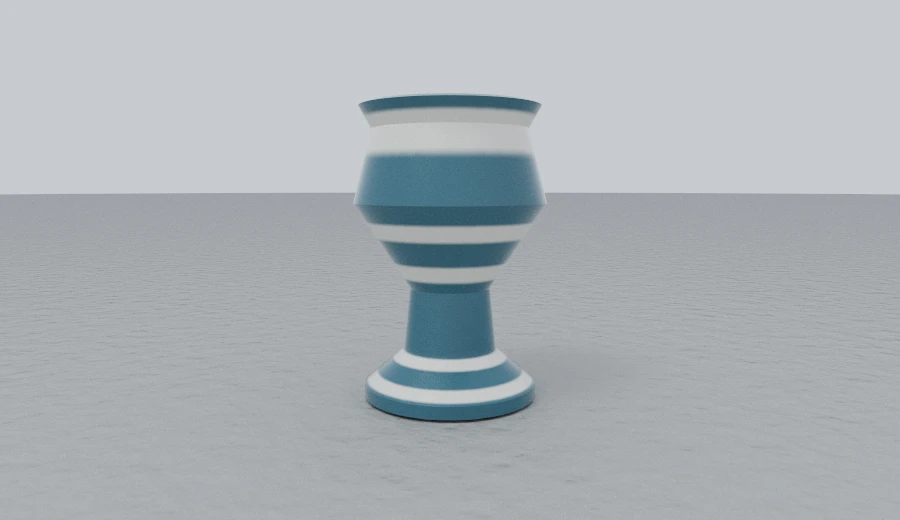 A thrown ceramic pot banded by a hand-written ring pattern, the rings widening into bands where the body swells.