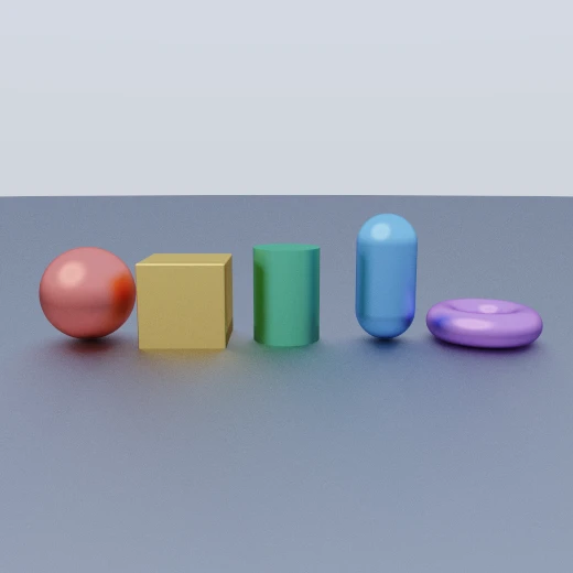 Five primitives in a row on a grey floor — a red sphere, an orange rounded box, a green cylinder, a blue capsule and a purple torus — under a sunlit sky.