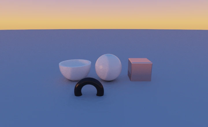 The same still life relit by the sunset background.