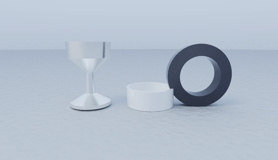 Three turned vessels — a vase, a bowl and a cup — each a closed profile swept about the y axis.