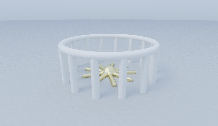 A ring of columns turned about a centre by radial repetition, with a still life inside it.