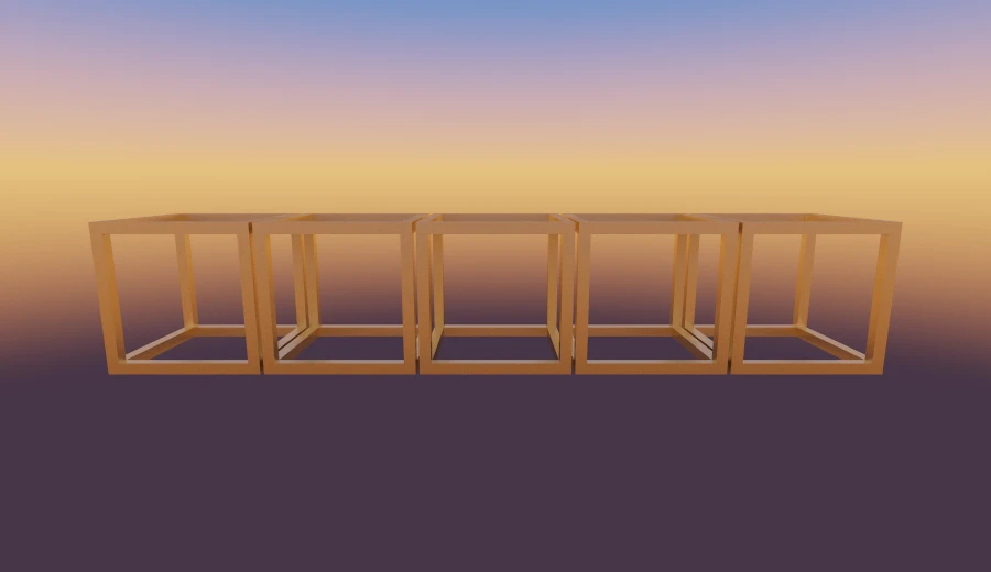 A row of five edge-only brass cubes, all of it one cube repeated along x.