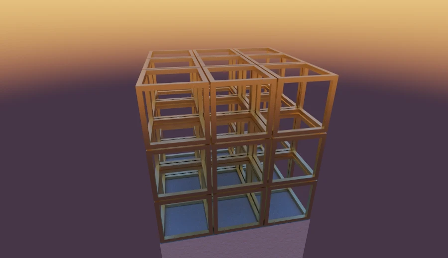 The finished piece: a three-dimensional block of edge-only concrete cubes standing over a large plinth.