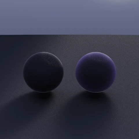 Two near-black spheres lit from behind, the right-hand one carrying a sheen so its silhouette glows where the left-hand one stays flat.