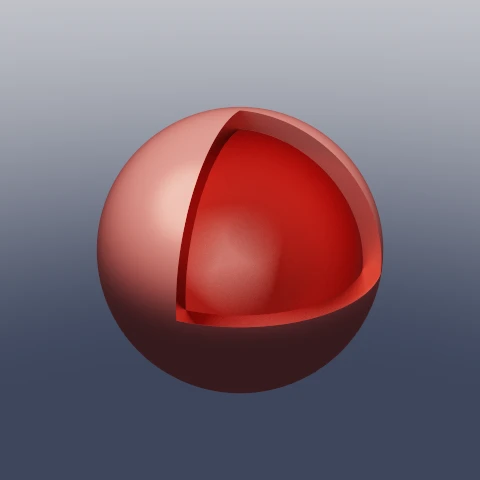 A hollow red sphere with one octant cut away, showing both the thickness of the shell and the surface inside it.