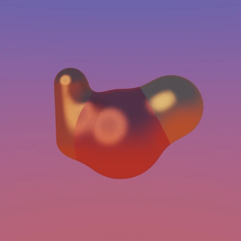 An orange sphere, a smaller sphere and a capsule melted into one another against a dark red sunset, with no seam anywhere between them.