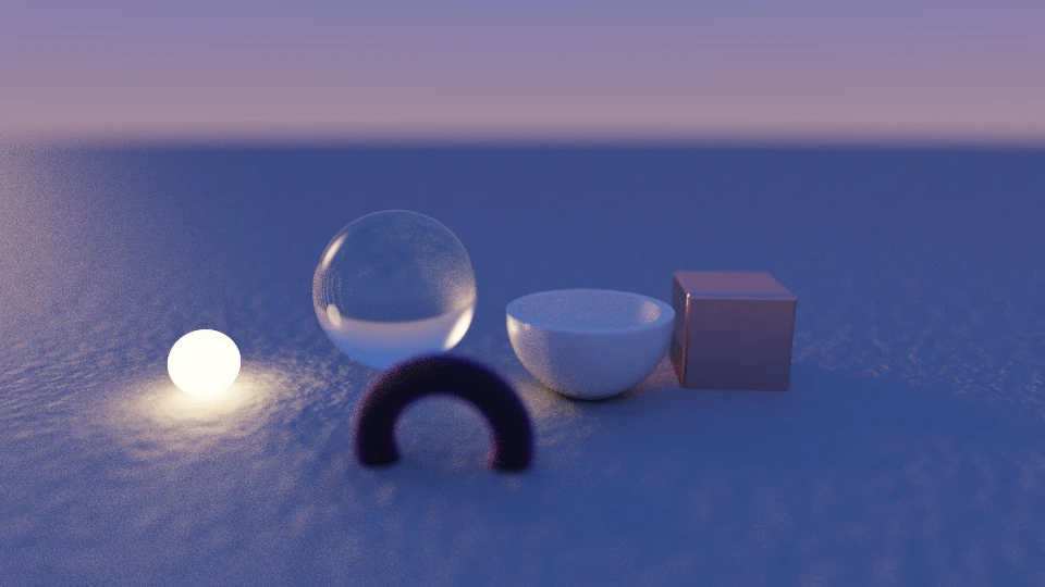 A wide still life: preset materials, a glowing ember, glass, and a shallow depth of field, under a sunset sky.