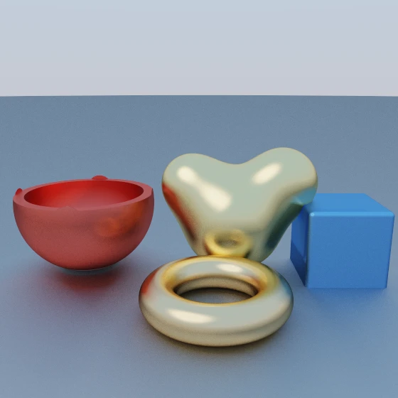 A carved bowl, an organic metal blob, a matte die and a gold torus on a floor, lit by one warm sun through a graded sky.